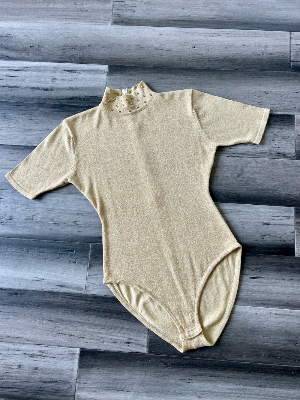Vintage 1980s The Icing Gold Lurex Knit Studded Mockneck Short Sleeve Bodysuit